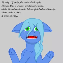 Size: 700x700 | Tagged: safe, artist:planetkiller, derpibooru import, oc, oc:adora belle, unofficial characters only, pony, bust, crying, floppy ears, frog (hoof), gray background, open mouth, poetry, sad, simple background, solo, trapped, underhoof