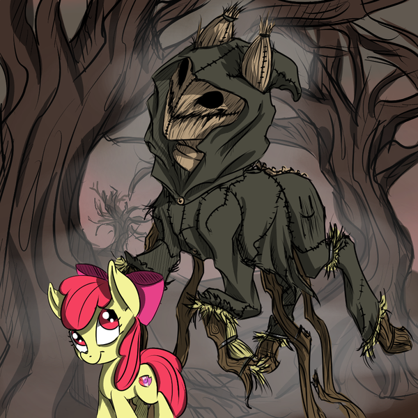 Size: 1000x1000 | Tagged: apple bloom, artist:xxmarkingxx, behind, cutie mark, derpibooru import, forest, scarecrow, semi-grimdark, the cmc's cutie marks