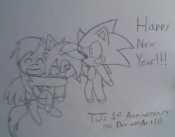 Size: 544x427 | Tagged: artist:tj0001, chibi, crossover, derpibooru import, human, monochrome, rainbow dash, safe, self insert, sonic the hedgehog, sonic the hedgehog (series), specific name, traditional art