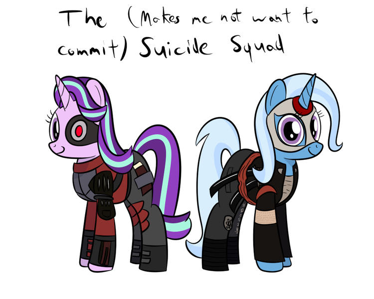 Size: 1000x800 | Tagged: safe, artist:mightyshockwave, derpibooru import, starlight glimmer, trixie, pony, unicorn, to where and back again, clothes, costume, deadshot, female, katana (dc comics), looking at you, mare, simple background, suicide squad