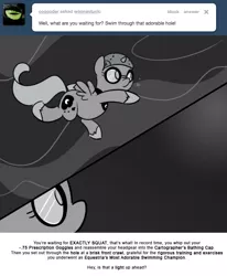 Size: 666x809 | Tagged: artist:egophiliac, cartographer's bathing cap, cartographer's cap, derpibooru import, female, filly, goggles, hat, monochrome, moonstuck, princess luna, safe, solo, swimming, swimming cap, swimming goggles, underwater, woona, younger