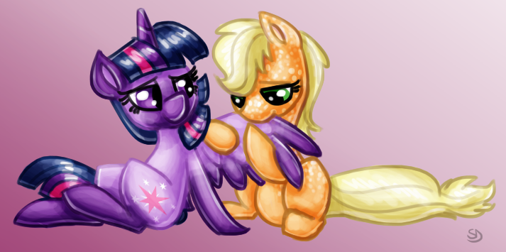 Size: 713x355 | Tagged: safe, artist:sallindaemon, derpibooru import, applejack, twilight sparkle, twilight sparkle (alicorn), alicorn, pony, female, grooming, lesbian, preening, shipping, twijack