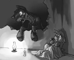 Size: 1092x885 | Tagged: artist:kalemon, blanket, candle, derpibooru import, fallout equestria, flashlight (object), ghoul, gritted teeth, hiding, lamp, scared, semi-grimdark, undead