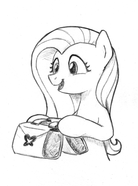 Size: 2112x2857 | Tagged: safe, artist:lalieri, derpibooru import, part of a set, fluttershy, pegasus, pony, fanfic:why am i pinkie pie, bag, black and white, grayscale, it's dangerous to go alone, monochrome, open mouth, saddle bag, solo, traditional art