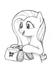 Size: 2112x2857 | Tagged: safe, artist:lalieri, derpibooru import, part of a set, fluttershy, pegasus, pony, fanfic:why am i pinkie pie, bag, black and white, grayscale, it's dangerous to go alone, monochrome, open mouth, saddle bag, solo, traditional art