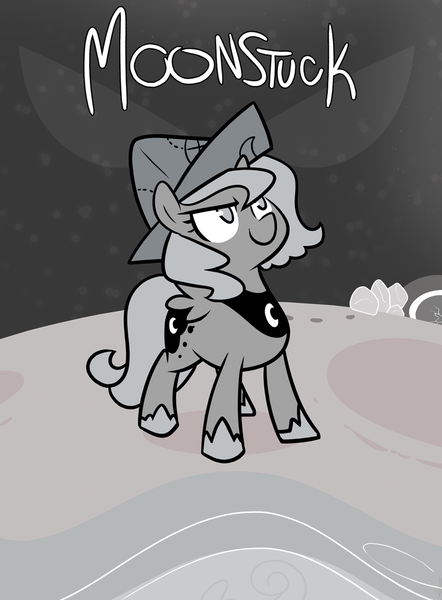 Size: 892x1210 | Tagged: artist:egophiliac, cartographer's cap, derpibooru import, female, filly, grayscale, hat, monochrome, moon, moon rock, moonstuck, poster, princess luna, safe, solo, woona, younger