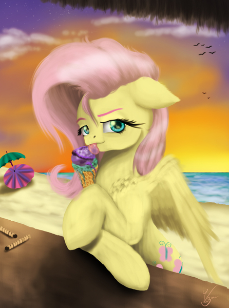 Size: 914x1230 | Tagged: safe, artist:vinicius040598, derpibooru import, fluttershy, beach, floppy ears, food, ice cream, licking, sitting, solo, sunset, tongue out, twilight (astronomy), umbrella