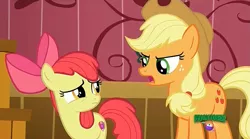Size: 1277x709 | Tagged: apple bloom, applejack, cutie mark, derpibooru import, discovery family logo, safe, screencap, the cmc's cutie marks, where the apple lies