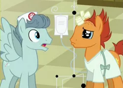 Size: 721x517 | Tagged: safe, derpibooru import, screencap, doctor high fever, falling star (character), pegasus, pony, unicorn, where the apple lies, bandage, bandaged horn, broken horn, dilated pupils, frown, horn, injured, open mouth, pouting, sad, shaved, spread wings, wide eyes, wings