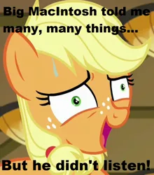 Size: 936x1062 | Tagged: ah didn't listen, applejack, caption, derpibooru import, edit, edited screencap, exploitable meme, faic, i didn't listen, image macro, meme, safe, screencap, solo, teenage applejack, teenager, text, what actually happened, where the apple lies