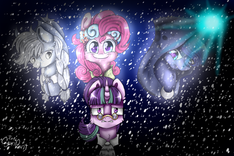 Size: 1500x1000 | Tagged: a hearth's warming tail, applejack, artist:wolfchen999, blizzard, cloak, clothes, derpibooru import, magic, pinkie pie, princess luna, safe, snow, snowfall, snowfall frost, spectacles, spirit of hearth's warming past, spirit of hearth's warming presents, spirit of hearth's warming yet to come, starlight glimmer