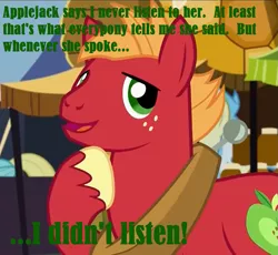 Size: 1173x1079 | Tagged: safe, derpibooru import, edit, edited screencap, screencap, applejack, big macintosh, earth pony, pony, where the apple lies, caption, cute, exploitable meme, i didn't listen, image macro, macabetes, male, meme, solo, stallion, teenage big macintosh, teenager, text, what actually happened