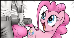 Size: 1470x751 | Tagged: safe, artist:pencils, derpibooru import, pinkie pie, oc, oc:anon, human, pony, comic:anon's pie adventure, bracer, clothes, comic, cropped, cute, diapinkes, happy, looking up, open mouth, smiling