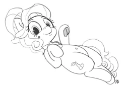 Size: 1280x898 | Tagged: safe, artist:pabbley, derpibooru import, cherry jubilee, earth pony, pony, 30 minute art challenge, belly button, frog (hoof), grayscale, hoofbutt, lineart, looking at you, misleading thumbnail, monochrome, on back, simple background, solo, underhoof