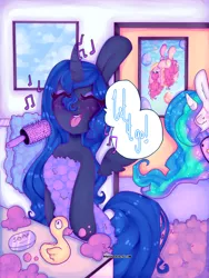 Size: 3000x4000 | Tagged: artist:bunxl, bathroom, derpibooru import, eyes closed, frozen (movie), let it go, magic, pinkie pie, princess celestia, princess luna, rubber duck, safe, singing, soap, song reference, telekinesis, towel