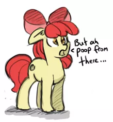 Size: 1198x1285 | Tagged: suggestive, artist:post-it, derpibooru import, apple bloom, earth pony, pony, apple bloom's bow, bow, but i poop from there, colored sketch, dialogue, female, hair bow, implied anal, implied foalcon, implied sex, mare, simple background, sketch, solo, solo female, this will end in jail time, white background