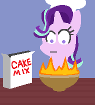 Size: 190x210 | Tagged: :|, animated, artist:threetwotwo32232, baking, batter, bowl, cake batter, chef's hat, derpibooru import, epic fail, every little thing she does, fail, fire, food, gif, hat, reference, safe, simple background, simpsons did it, solo, starlight glimmer, table, the simpsons, wat