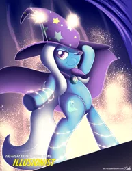 Size: 1275x1650 | Tagged: safe, artist:zelc-face, derpibooru import, trixie, pony, bipedal, cape, clothes, flashing lights, hat, one eye closed, solo, sparks, stage, trixie's cape, trixie's hat, wink