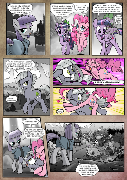 Size: 1363x1920 | Tagged: safe, artist:pencils, derpibooru import, limestone pie, maud pie, pinkie pie, spike, twilight sparkle, twilight sparkle (alicorn), oc, oc:anon, alicorn, dragon, earth pony, human, pony, comic:anon's pie adventure, butt, comic, dock, dragons riding ponies, female, glomp, heart, hug, human male, male, mare, plot, riding, scenery, sisterly love, tackle, taste the rainbow, tongue out, town, underhoof