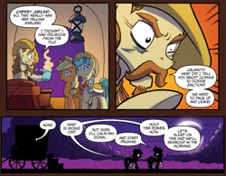 Size: 1353x1056 | Tagged: safe, artist:tonyfleecs, derpibooru import, idw, applejack, buffalo bull (pony), calamity mane, earth pony, pony, spoiler:comic, spoiler:comicff33, comic, cowboy hat, facial hair, female, hat, male, mare, moustache, official comic, stallion, wagon