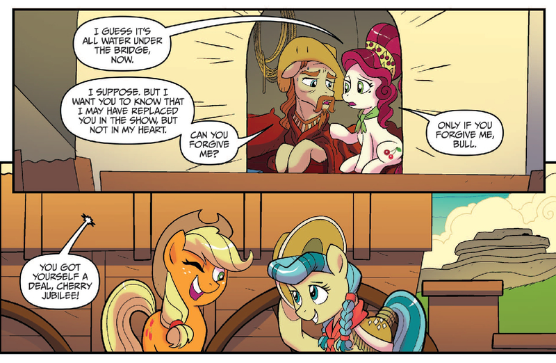 Size: 1334x871 | Tagged: safe, artist:tonyfleecs, derpibooru import, idw, applejack, buffalo bull (pony), calamity mane, cherry jubilee, earth pony, pony, spoiler:comic, spoiler:comicff33, braid, comic, cowboy hat, facial hair, female, hat, male, mare, moustache, official comic, stallion