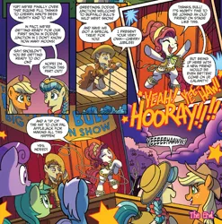 Size: 1360x1377 | Tagged: safe, artist:tonyfleecs, derpibooru import, idw, applejack, buffalo bull (pony), calamity mane, cherry jubilee, earth pony, pony, spoiler:comic, spoiler:comicff33, braid, clothes, comic, cowboy hat, facial hair, female, hat, lasso, male, mare, moustache, official comic, rope, stallion