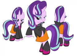 Size: 816x599 | Tagged: safe, artist:ajrinxooacj, derpibooru import, starlight glimmer, pony, bipedal, bipedal leaning, boots, clothes, everyone steals sunset's clothes, jacket, leaning, leather jacket, lidded eyes, looking at you, raised hoof, shoes, simple background, skirt, smiling, solo, white background