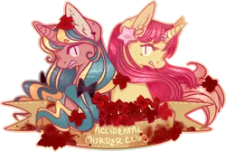 Size: 1024x688 | Tagged: safe, artist:skelemik, derpibooru import, oc, oc:ruby (skelemik), oc:seren, oc:seren song, unofficial characters only, pony, unicorn, banner, blood, ear fluff, ear piercing, earring, freckles, jewelry, piercing, simple background, transparent background