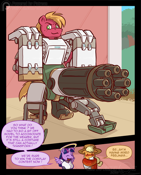 Size: 750x928 | Tagged: alicorn, anthro, applejack, artist:ethanqix, bastion (overwatch), big macintosh, clothes, comic, cosplay, costume, crossover, derpibooru import, implied penis, jesse mccree, male, mccreejack, mercy, overwatch, phallic symbol, suggestive, twilight sparkle, twilight sparkle (alicorn)