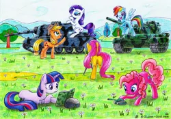 Size: 3921x2727 | Tagged: applejack, artist:olgfox, butt, cyrillic, derpibooru import, fluttershy, mane six, pinkie pie, plot, rainbow dash, rarity, russian, safe, tank (vehicle), twilight sparkle