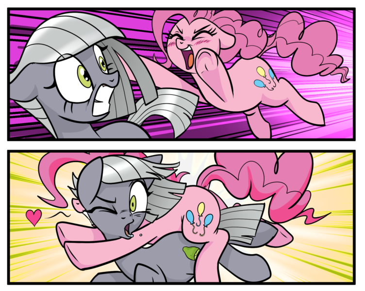 Size: 1280x1021 | Tagged: safe, artist:pencils, derpibooru import, limestone pie, pinkie pie, earth pony, pony, comic:anon's pie adventure, blushing, comic, cropped, duo, eyes closed, female, glomp, heart, hug, incoming hug, mare, one eye closed, open mouth, siblings, sisters, surprised, tackle, underhoof, wide eyes