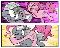 Size: 1280x1021 | Tagged: safe, artist:pencils, derpibooru import, limestone pie, pinkie pie, earth pony, pony, comic:anon's pie adventure, blushing, comic, cropped, duo, eyes closed, female, glomp, heart, hug, incoming hug, mare, one eye closed, open mouth, siblings, sisters, surprised, tackle, underhoof, wide eyes