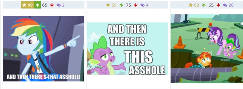 Size: 2048x759 | Tagged: safe, derpibooru import, rainbow dash, spike, starlight glimmer, sunburst, derpibooru, equestria girls, rainbow rocks, and then there's this asshole, implied spikeabuse, juxtaposition, juxtaposition win, meme, meta, vulgar