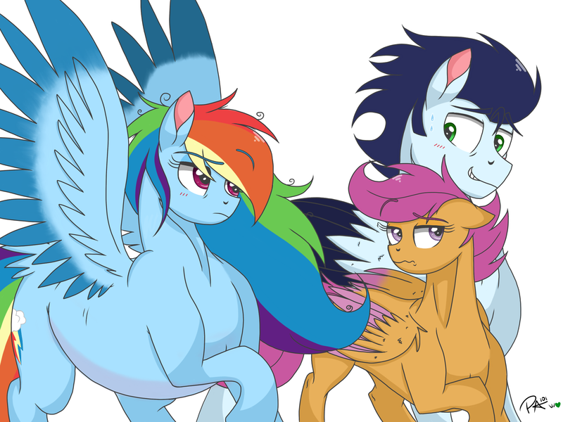 Size: 2048x1536 | Tagged: safe, artist:pimpartist101, derpibooru import, rainbow dash, scootaloo, soarin', pony, adopted offspring, colored wings, colored wingtips, female, male, offspring, parent:rainbow dash, parent:soarin', parents:soarindash, preggo dash, pregnant, scootadoption, shipping, small head, soarindash, straight, the dashies, wings