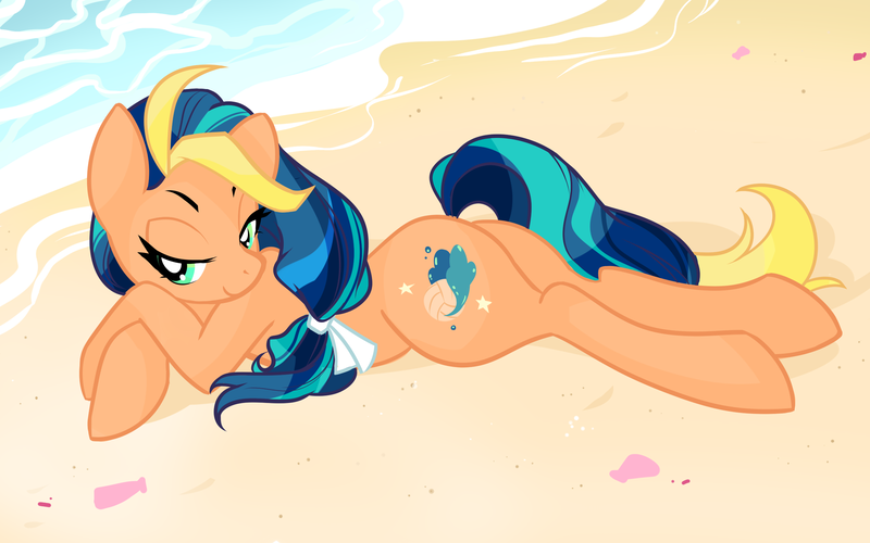 Size: 2400x1500 | Tagged: safe, artist:bigbuxart, derpibooru import, oc, oc:playa "spikeball" azul, unofficial characters only, earth pony, pony, beach, crossed arms, lidded eyes, seashell, sexy, solo, water