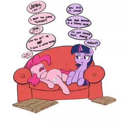 Size: 1050x1050 | Tagged: safe, artist:shoutingisfun, derpibooru import, pinkie pie, twilight sparkle, twilight sparkle (alicorn), alicorn, earth pony, pony, anon's couch, belly, belly button, burp, couch, dialogue, duo, duo female, fat, female, floppy ears, food, food baby, full, kill me, lidded eyes, lying down, mare, on back, open mouth, pizza, pizza box, pudgy pie, sitting, slice of life, speech bubble, stuffed, twilight is not amused, unamused