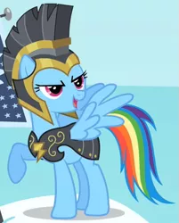 Size: 427x532 | Tagged: safe, derpibooru import, screencap, commander hurricane, rainbow dash, pony, hearth's warming eve (episode), clothes, costume, flying, outfit catalog, solo
