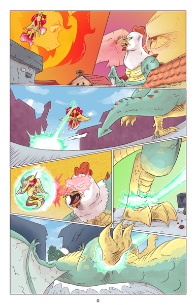 Size: 1253x1950 | Tagged: safe, artist:saturdaymorningproj, derpibooru import, sunset shimmer, alicorn, cockatrice, pony, comic:a princess' worth, alicornified, barrier, blast, comic, fight, magic, magic beam, magic blast, race swap, shimmercorn