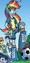 Size: 526x1100 | Tagged: safe, derpibooru import, idw, rainbow dash, soarin', spitfire, equestria girls, spoiler:comic, spoiler:comicannual2013, clothes, cropped, football, hand on hip, hand on knee, outfit catalog, solo focus, sports, uniform, wondercolts