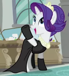 Size: 270x296 | Tagged: safe, derpibooru import, screencap, rarity, pony, unicorn, the gift of the maud pie, audrey hepburn, breakfast at tiffany's, clothes, cute, dress, female, gloves, holly golightly, mare, open mouth, outfit catalog, raised hoof, raribetes, smiling, socks, solo
