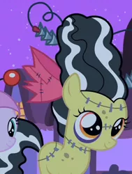 Size: 414x549 | Tagged: safe, derpibooru import, screencap, apple bloom, pony, luna eclipsed, bride of frankenstein, clothes, costume, frankenstein's monster, monster mare, nightmare night, outfit catalog, solo, stitches
