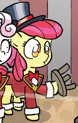 Size: 264x417 | Tagged: apple bloom, derpibooru import, friends forever, idw, lion tamer, lion tamer's chair, outfit catalog, safe, spoiler:comic, sweetie belle