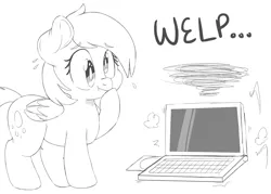 Size: 1172x841 | Tagged: safe, artist:purple-yoshi-draws, derpibooru import, derpy hooves, pegasus, pony, broken, computer, female, i just don't know what went wrong, laptop computer, lineart, mare, monochrome, simple background, solo, white background