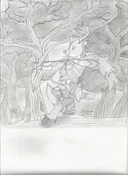 Size: 1700x2338 | Tagged: anthro, anthro oc, armor, arrow, artist:vesperce, bow and arrow, bow (weapon), cloak, clothes, dagger, deer, derpibooru import, dungeons and dragons, everfree forest, fantasy class, forest, monochrome, oc, oc:oakstrider, pen and paper rpg, ranger, rpg, safe, sword, traditional art, tree, unguligrade anthro, unofficial characters only, weapon