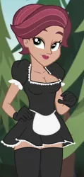 Size: 410x864 | Tagged: suggestive, derpibooru import, edit, edited screencap, screencap, dove (character), equestria girls, legend of everfree, background human, big breasts, breast edit, breasts, busty dove, cleavage, clothes, dress, female, french maid, gilf, gloves, lingerie, lingerie edit, maid, milf, solo, solo female, stockings, thigh highs