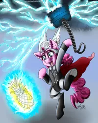 Size: 1024x1280 | Tagged: safe, artist:victorydanceofficial, derpibooru import, pinkie pie, pony, bipedal, crossover, female, food, hammer, lightning, mare, marvel comics, mjölnir, pineapple, solo, thor, war hammer, weapon