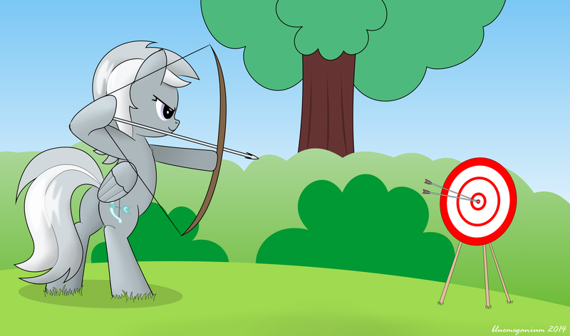 Size: 1803x1063 | Tagged: archery, arrow, artist:bluemeganium, bow and arrow, bow (weapon), bullseye, derpibooru import, dexterous hooves, safe, silverspeed, solo, weapon