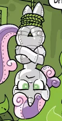 Size: 240x468 | Tagged: safe, derpibooru import, idw, sweetie belle, pony, robot, robot pony, unicorn, friends forever, spoiler:comic, spoiler:comicff2, :<, female, filly, glare, hooves, horn, lidded eyes, outfit catalog, rope, solo, suspended, sweetie belle is not amused, sweetie bot, tied up, unamused, upside down