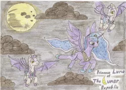 Size: 2336x1664 | Tagged: safe, artist:stardustchild01, derpibooru import, echo (bat pony), nocturn, princess luna, bat pony, pony, cloud, echo and nocturn, flying, moon, new lunar republic, night, night guard, traditional art