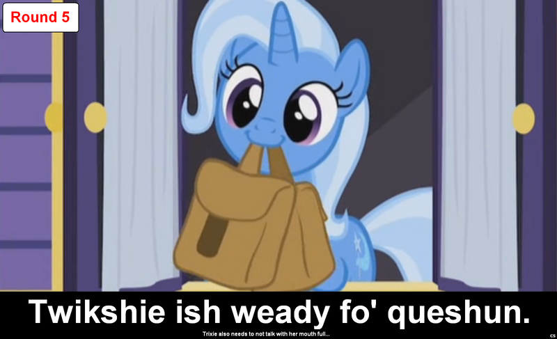 Size: 1600x973 | Tagged: safe, derpibooru import, edit, edited screencap, screencap, trixie, pony, unicorn, comic:celestia's servant interview, to where and back again, bag, caption, cs captions, cute, diatrixes, female, interview, mare, mouth hold, saddle bag, solo, to saddlebags and back again, trixie's wagon
